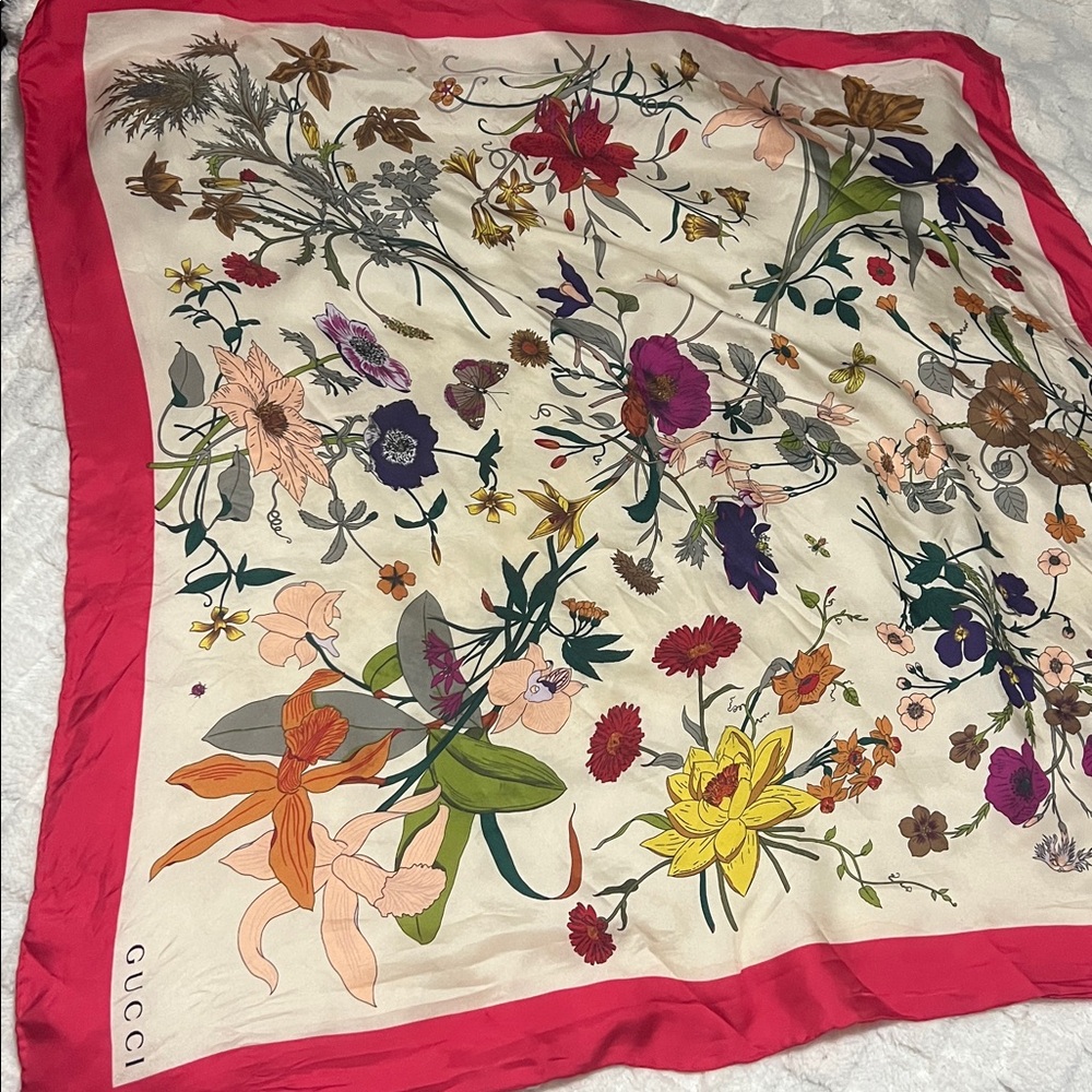 Gucci Silk Scarf with Vibrant Floral Design and Red Border